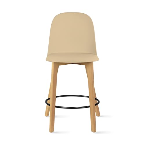 Set of 2 Counter Height Barstools | Mid Century Modern Molded Plastic Seat | Solid Wood Legs with Round Metal Footrest | Kitchen Island Bar Chair | Non-Slip Feet, Beige