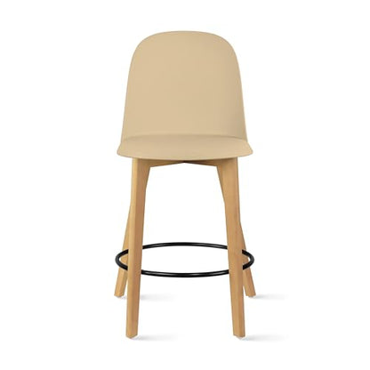 Set of 2 Counter Height Barstools | Mid Century Modern Molded Plastic Seat | Solid Wood Legs with Round Metal Footrest | Kitchen Island Bar Chair | Non-Slip Feet, Beige
