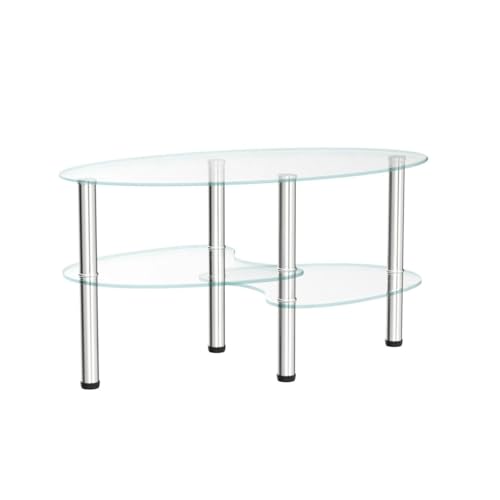 Oval-Shaped Glass Tea Table for Office, 3-Tier Modern Coffee Table, End Table for Living Room (Clear)