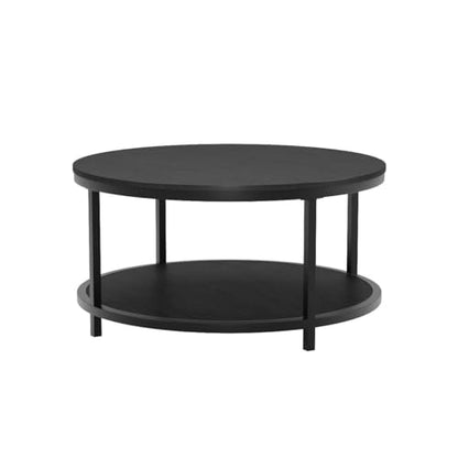 Round Coffee Table Black 35.8" Circle Coffee Tables for Living Room Rustic Industrial Design with Sturdy Metal Frame Legs and Open Storage Shelf, Easy Assembly