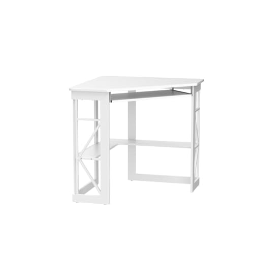 Corner Desk Computer Desk Writing Table with Smooth Keyboard Tray & Storage Shelves,Compact Home Office Triangle Table,White
