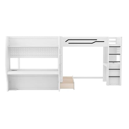 JIVOIT L-Shaped 3 in 1 Bunk Bed, Full & Twin Size Gaming Bunk Bed with Built-in Desks and Pegboard Organizer, Ladders, Storage Drawers and Open Shelve, Multi-User Bunk Bed for Kids Teens (White/62)