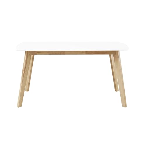 Mid Century Modern Wood Table Dining Room Kitchen Set Dining Chairs, 60 Inch, 6 Person, White and Natural