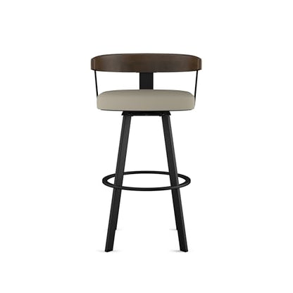 Lars 26" Swivel Counter Height Barstool, Upholstered Stool with Solid Wood Back and Arms for Kitchen Island or Bar, Drees Stool, Greige Faux Leather/Brown Wood/Black Metal
