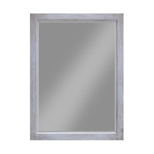 Contemporary Wood Rectangular Mirror, Grey/White Finish, 33 in Wide, Beveled Edge, Framed Design, Dresser Mount, Transitional Style for Living Room or Bedroom Decor