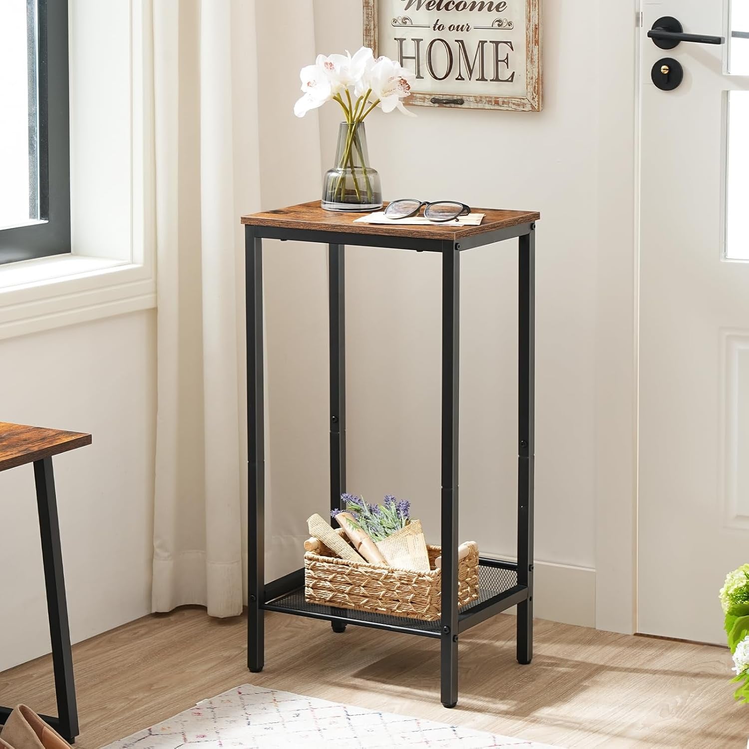 Tall Side Table, Industrial End Telephone Table with Adjustable Mesh Shelves, for Living Room, Bedroom, Entryway, Office, Rustic Brown and Black BF03DH01