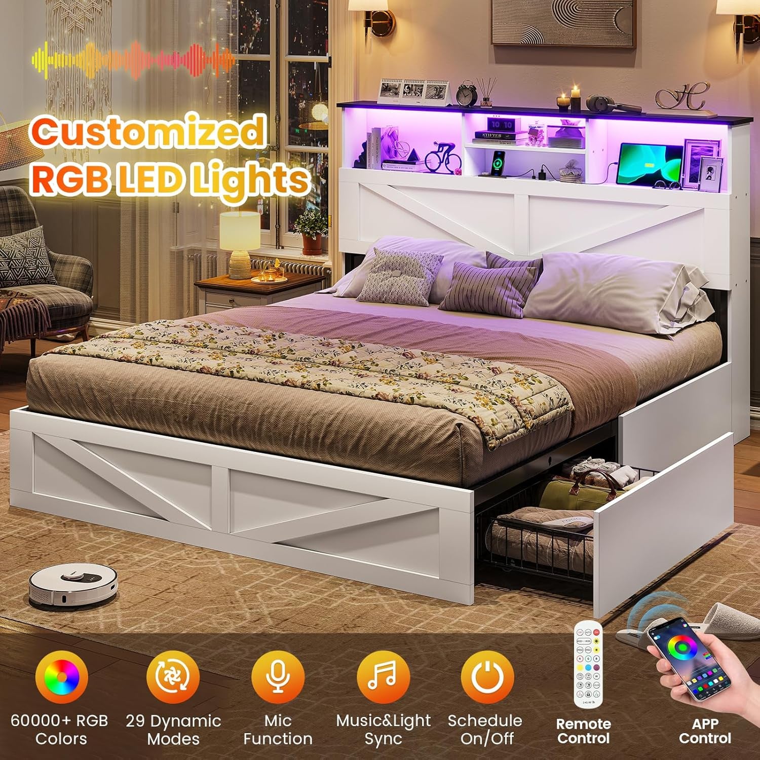 Farmhouse Bed Frame Queen Size with Bookcase Storage Headboard, Charging Station and LED Lights, Wooden Queen Bed Frame with 4 Drawers, Barn Door Design, No Box Spring Needed, No Noise, White