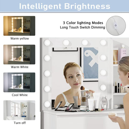 Makeup Vanity with Lights, 37Inch Vanity Desk, 4 Large Drawers Dresser with Lighted Mirror, 3 Lighting Modes Brightness Adjustable, White