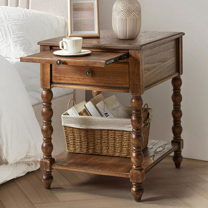Spindle Nightstands with Charging Station, Solid Wood Nightstand with Drawer Shelf, Side Table with Pull-Out Shelf (Walnut)