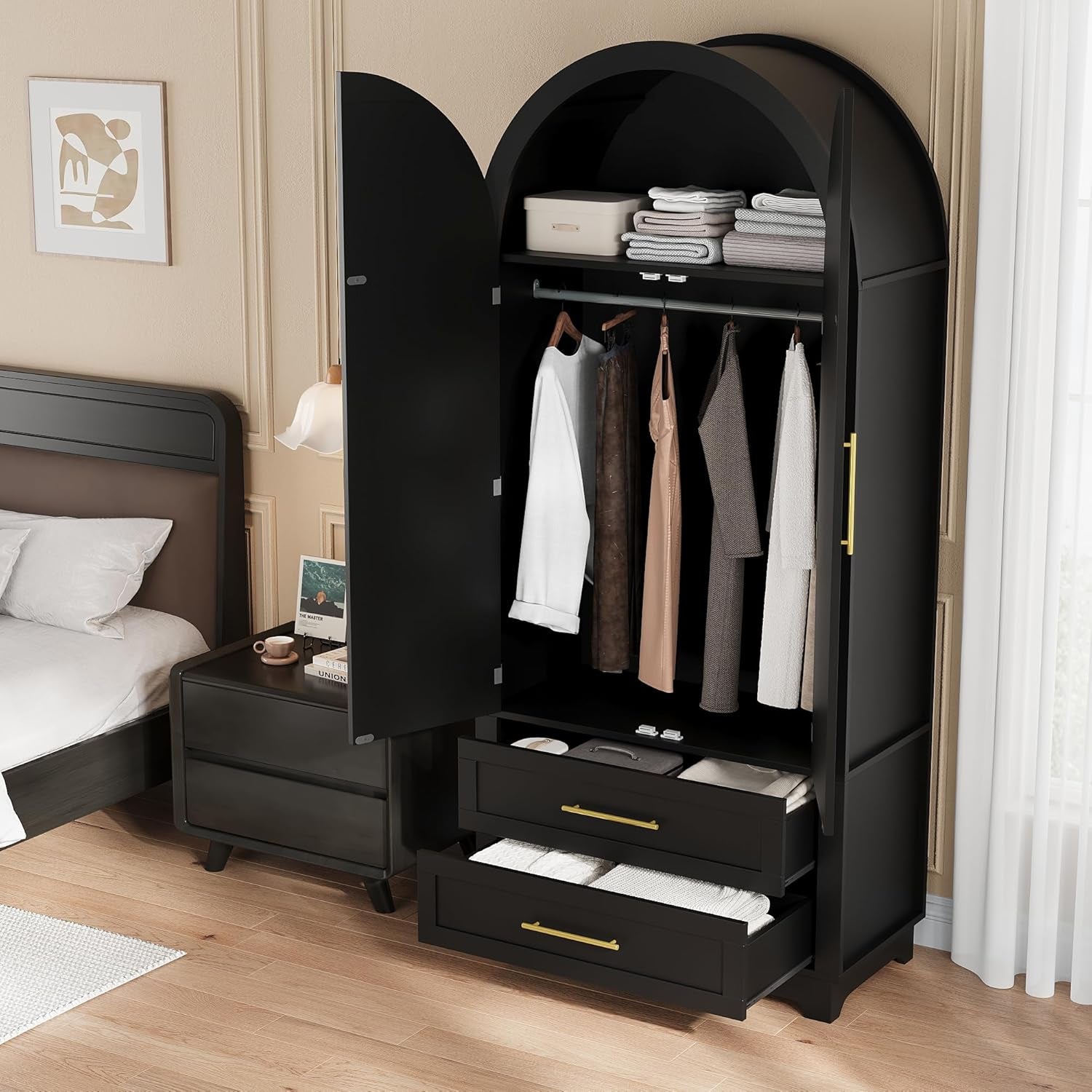 Wardrobe Closet, Modern Armoire Wardrobe Closet with Drawers and 2 Arched Fluted Doors, 70" Tall Wooden Bedroom Armoires with Shelves and Hanging Rod, Black