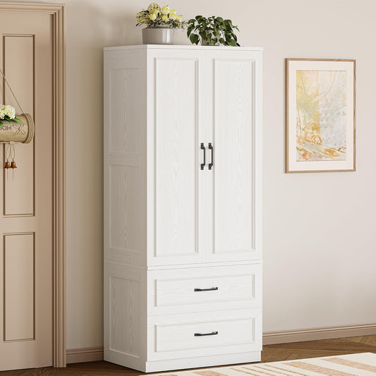 Armoire Wardrobe Closet with 2 Doors and 2 Drawers 70" H X 28" W Wooden Bedroom Freestanding Wardrobe Combination for Hanging Clothes, White