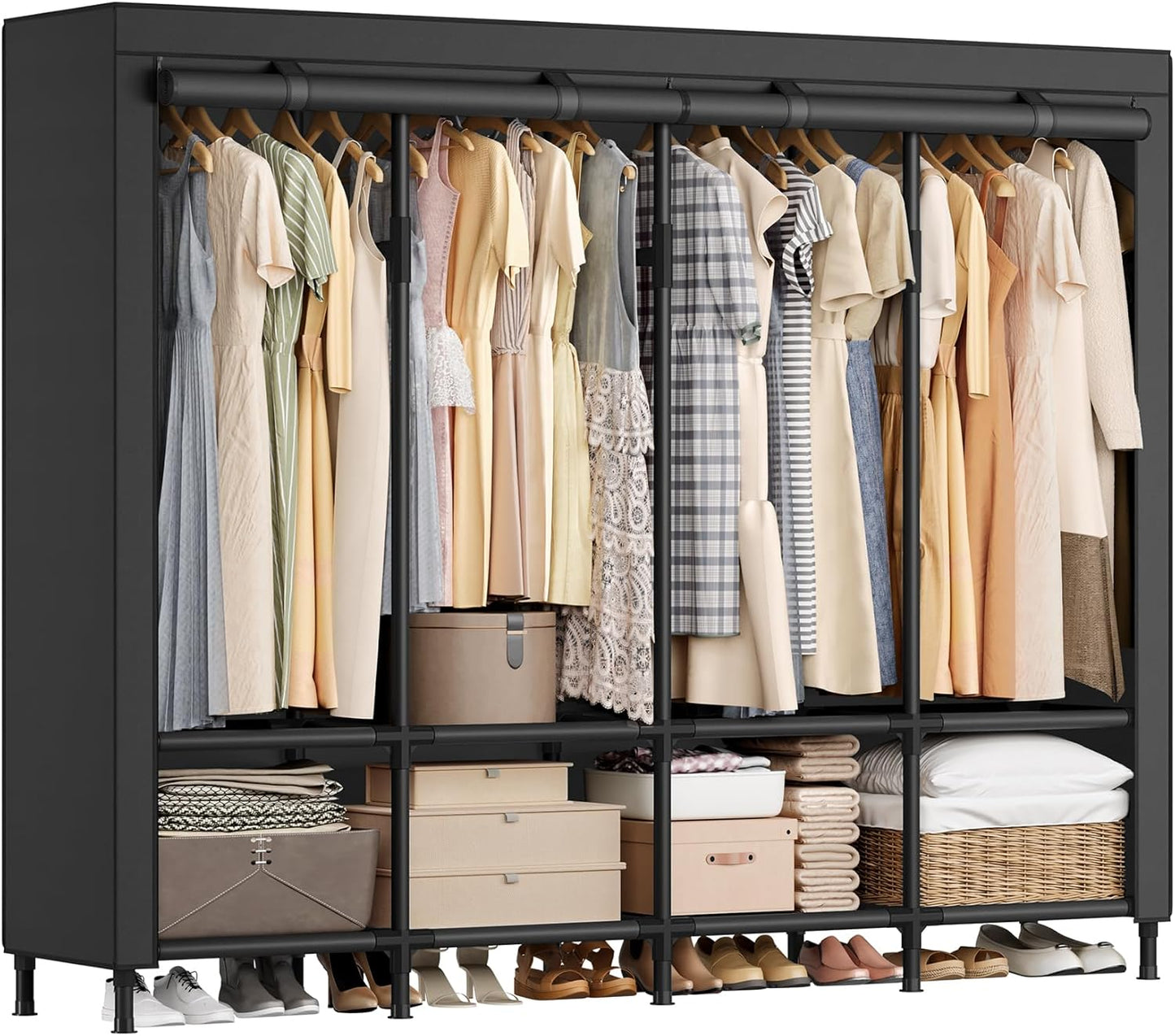 Wardrobe Closet, 83.5 Inch Large Capacity Portable Closet, Clothing Rack, 25 Mm Dia,Thick Steel Tubes, Clothes Organizer with Fabric Cover, 5 Hanging Rails, 10 Shelves, Ink Black URDR095B01