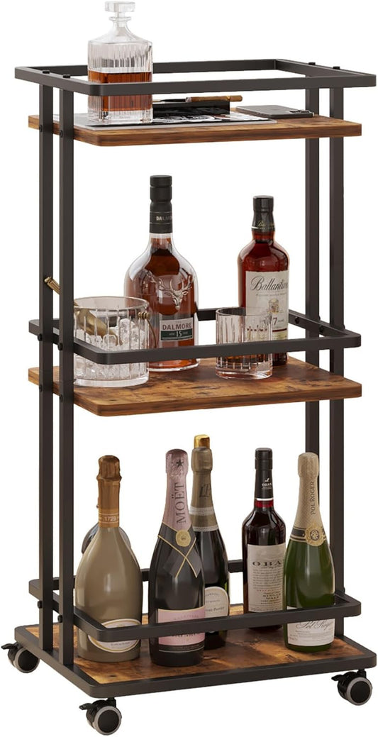 Bar Carts for the Home with Wheels, 3 Tier Beverage Bar Cart with Storage Shelves, Coffee Bar Cabinet for Your Home Entertainment