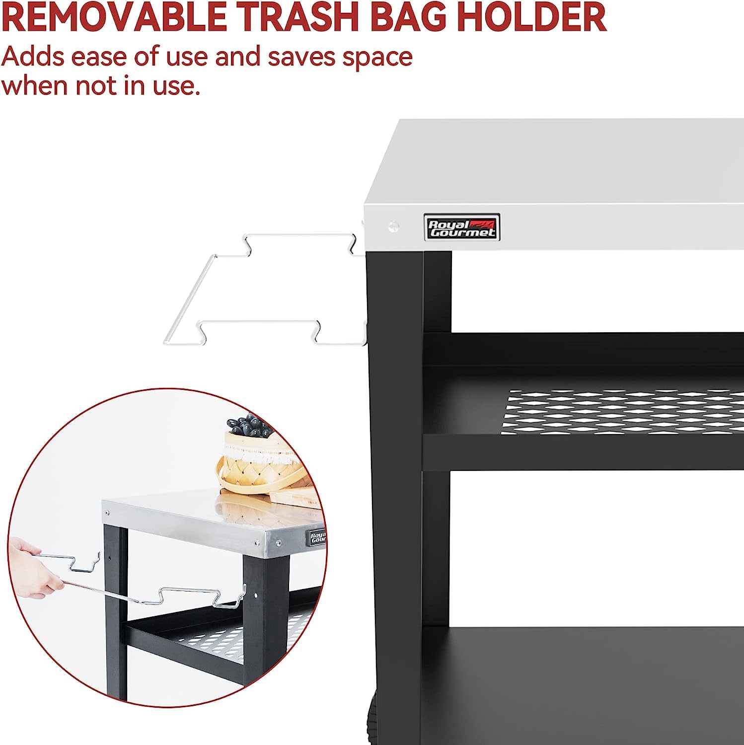 PC3404S Rolling Dining Table with Trash Bag Holder, Outdoor Garden Patio BBQ Kitchen Food Prep Table Cart, 34"L X 20"W Stainless Steel Tabletop, Silver & Black