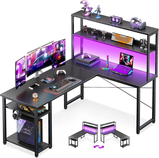 53" L Shaped Gaming Desk with Hutch & Headphone Hook, Corner Computer Table with Storage Shelves for Home Office, Black
