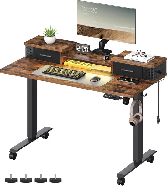 Electric Standing Desk with Drawers, 47.2 X 23.6 Inches, Sit Stand Desk with Power Outlet and LED Lights, Adjustable Height, Storage Shelf, 3 Memory Buttons, for Home Office, Rustic Brown