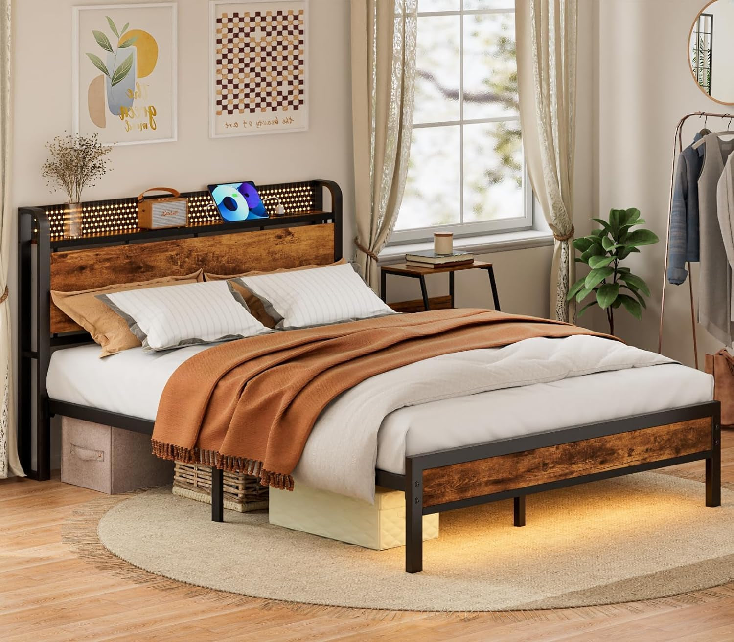 Queen Bed Frame with Headboard Storage, Bed Frame Queen Size with Charging Station and LED Lights No Box Spring Needed,Heavy Duty Steel Slats,Noise Free