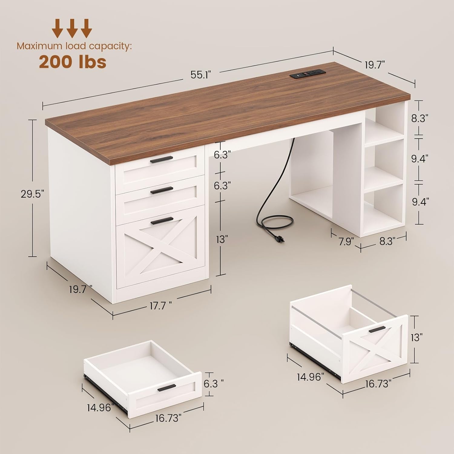 55.1" Farmhouse Office Desk with 3 Drawers, Executive Desk with File Drawer & Storage Shelves, Computer Desk with Power Outlet for Home Office, White and Brown