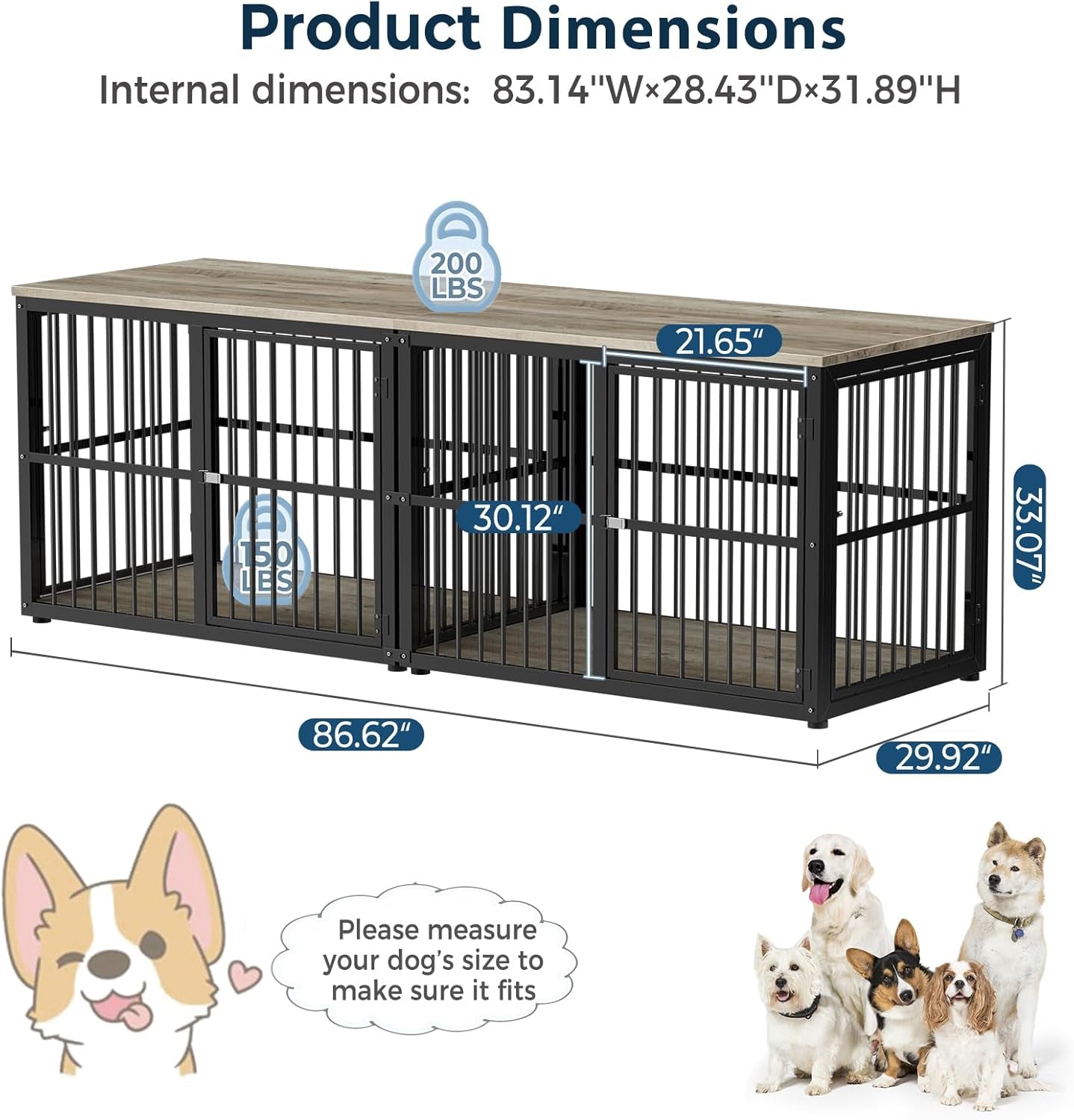 86.62'' Dog Crate Furniture Large Breed TV Stand with Double Rooms for 2 Large Medium Dogs, Wooden Indoor Kennel Crate Cage End Table with Removable Divider, Can Use Separately, Natural Beech