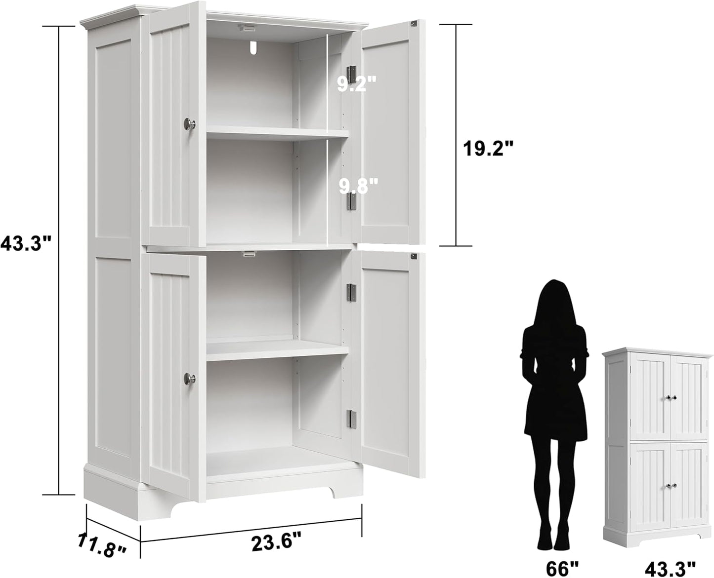 Bathroom Floor Cabinet, Modern Bathroom Storage Cabinet with 4 Doors and Adjustable Shelves, Freestanding Cupboard for Living Room, White