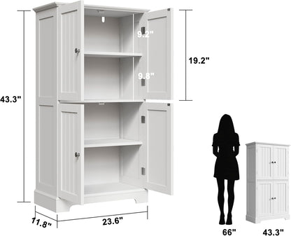 Bathroom Floor Cabinet, Modern Bathroom Storage Cabinet with 4 Doors and Adjustable Shelves, Freestanding Cupboard for Living Room, White