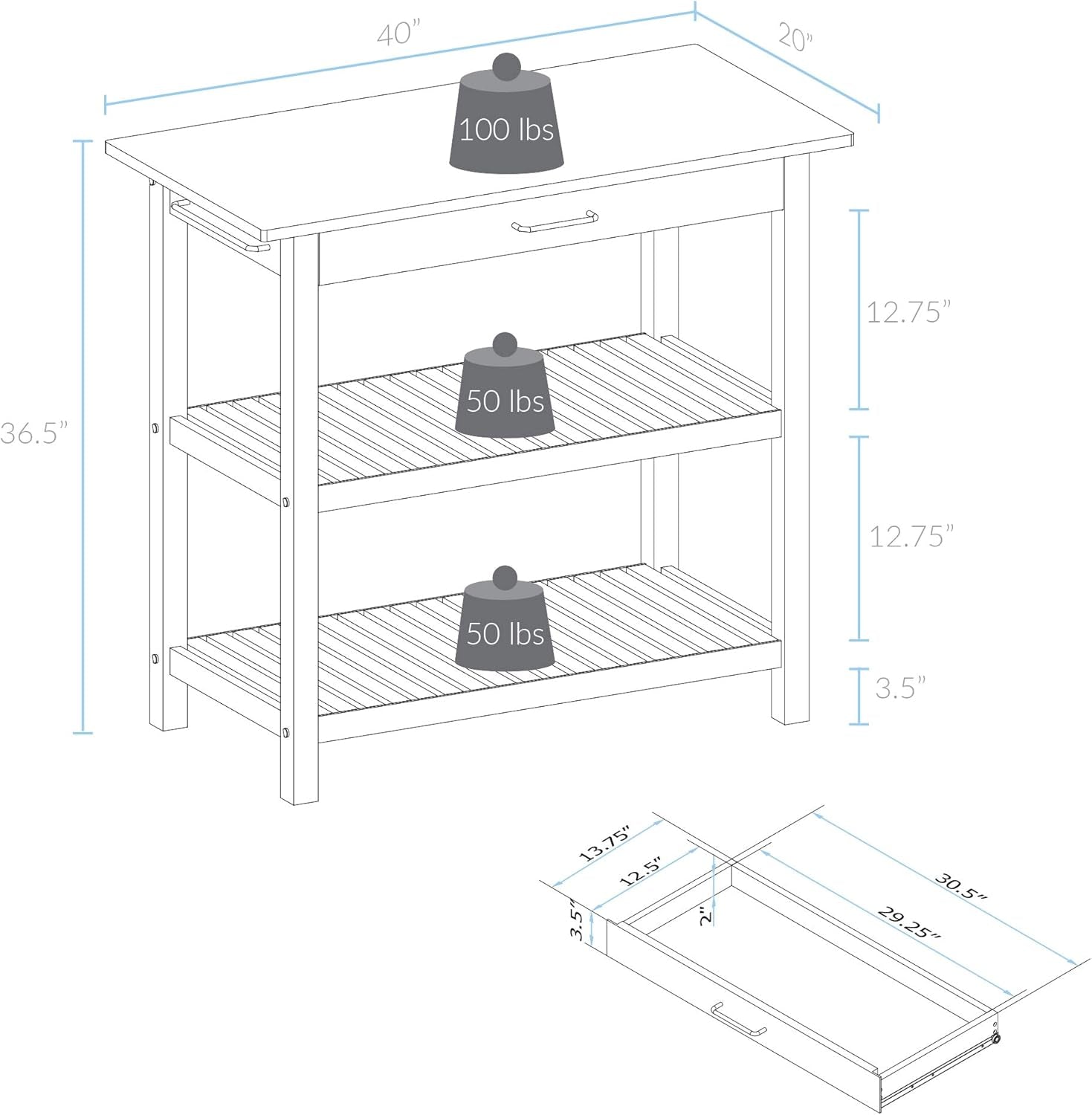 Kitchen Island with Solid American Hardwood Top, Natural/White, 40" W (373-91)