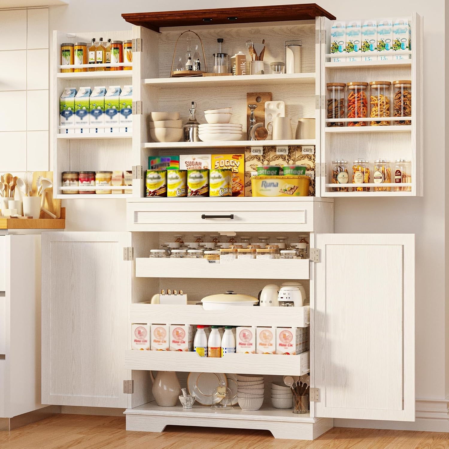 Farmhouse Kitchen Pantry Cabinet, 72" Height Tall Freestanding Cupboard with Sliding Storage Rack and 6 Hanging Shelves for Kitchen, Dining Room, White