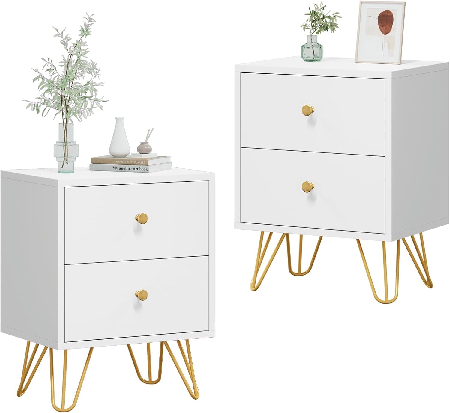 Nightstand Set of 2, End Side Table Double, Bedside Table with 2 Drawers, Dual Night Stand Metal Legs and Knobs for Bedroom Living Room (White)