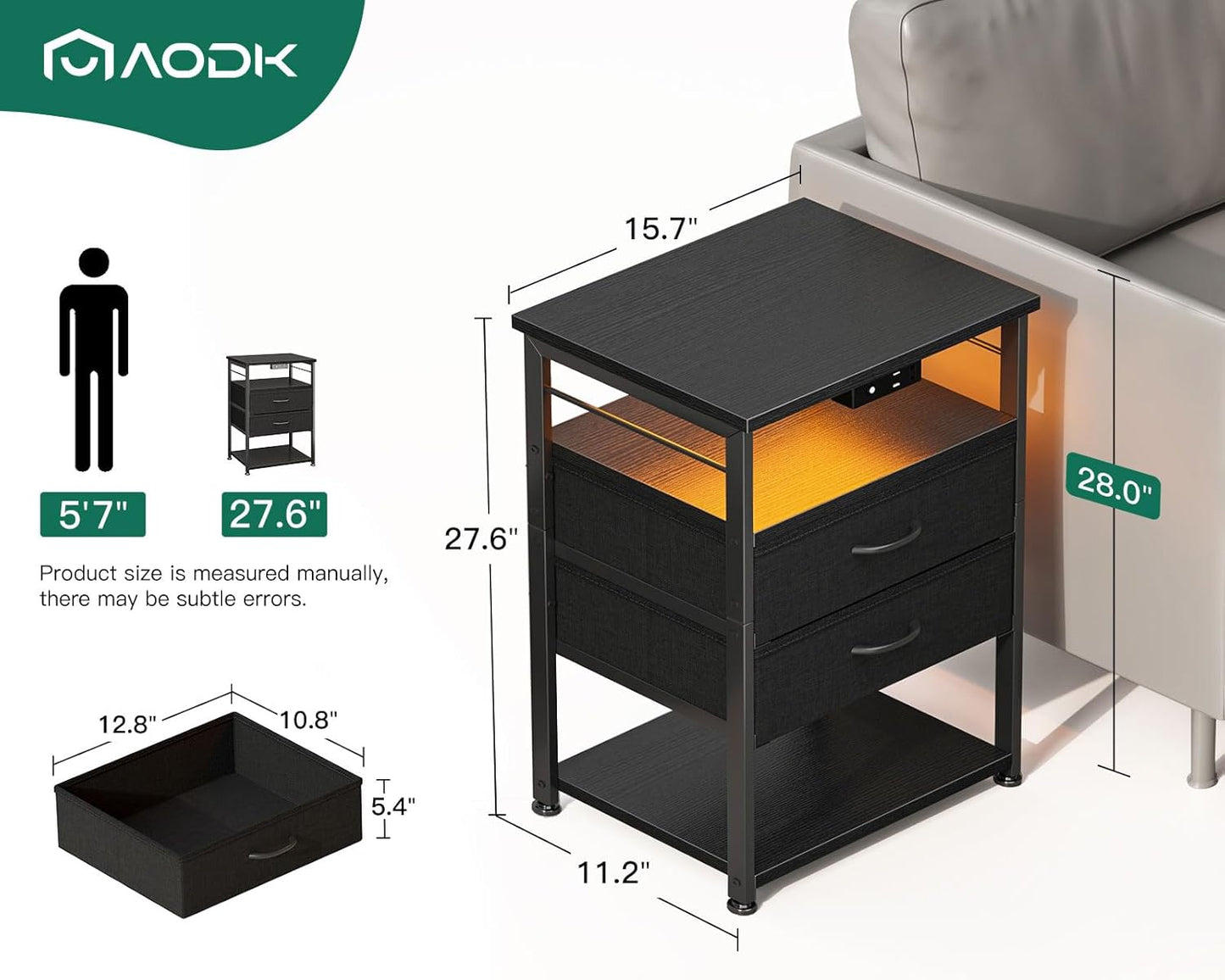 Night Stand with Charging Station, End Table for Bedroom Tall Nightstand with Drawers, Small Nightstand for Bedroom, 4 Tier Storage Bedside Table, Black