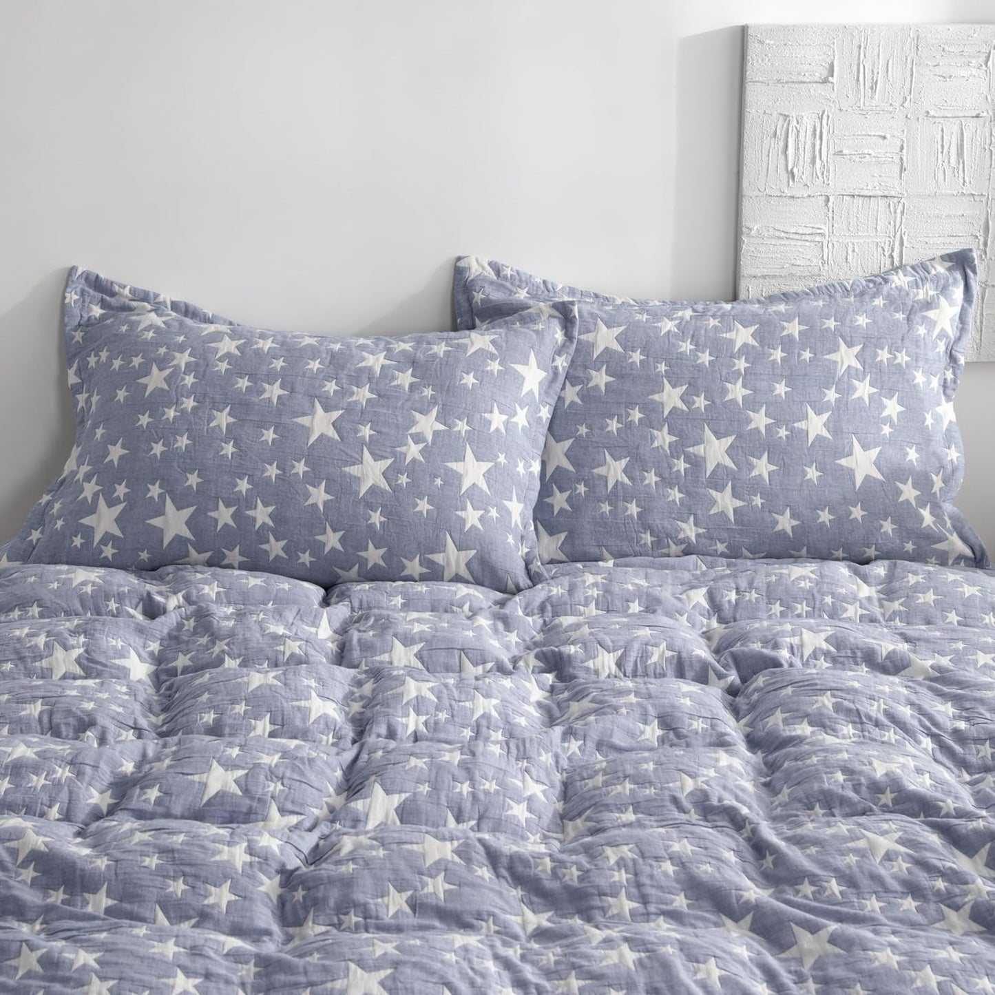 Cotton Standard Pillow Shams, 3 Layer Muslin Breathable Soft Thermal Yarn Dyed Sham Covers, 2 Pack 20X26 Oxford Pillowcases with Envelope Closure, Blue Stars