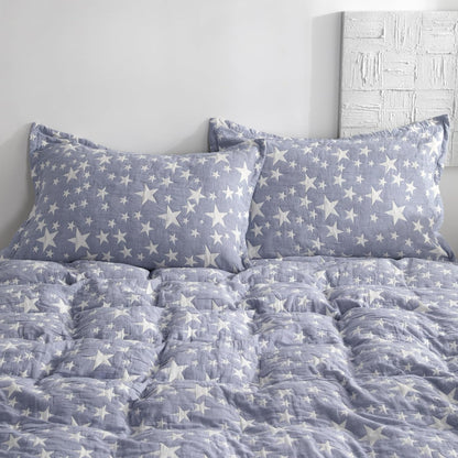 Cotton Standard Pillow Shams, 3 Layer Muslin Breathable Soft Thermal Yarn Dyed Sham Covers, 2 Pack 20X26 Oxford Pillowcases with Envelope Closure, Blue Stars