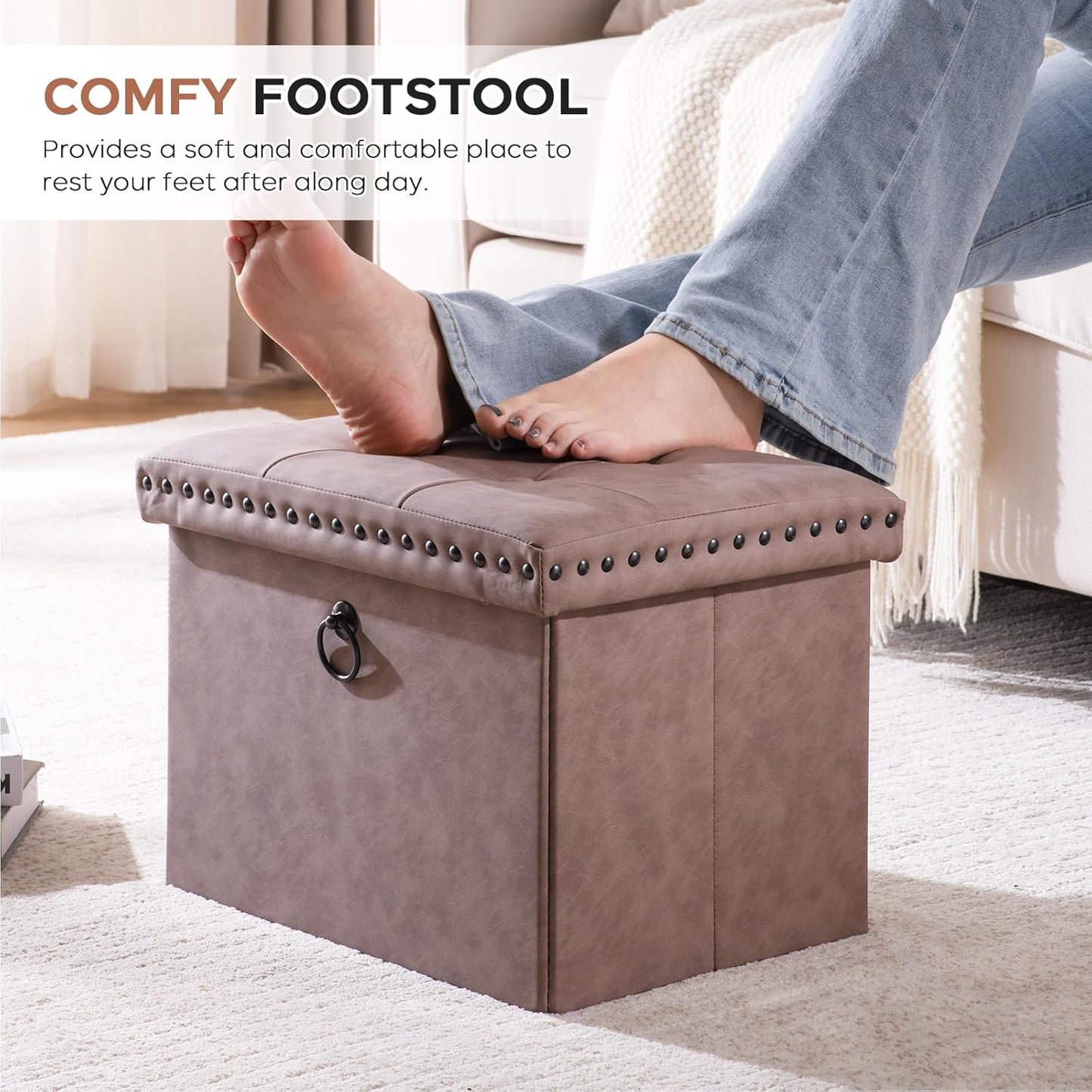16 Inches Folding Cube Storage Ottoman, Small Leather Foot Rest Stool with Button Tufted Rivet Design, Footstool Bench, Ottoman with Storage for Living Room, Coffee Table 242 Lbs, Oak Brown