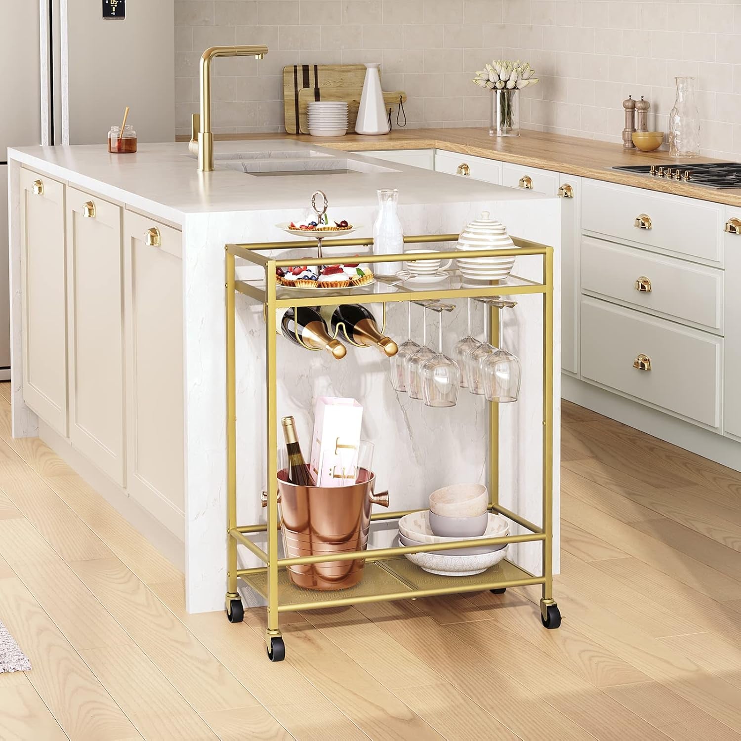 Gold Bar Cart, Beverage Cart with Wheels, Bar Cart for the Home, 2-Tier Drink Cart with Wine Rack and Glass Holder, Kitchen, Dining Room, Gold RCJ63B01Z