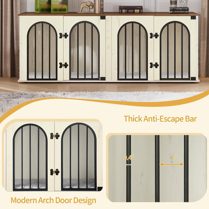 88.4" Dog Crate Furniture for 2 Dogs, Heavy Duty Indoor Dog Kennel TV Stand, XXL Wooden Dog Cage with Divider for Medium Large Dogs, End Table Dog Crate with Cushion, Greige Black DFC84005BV1