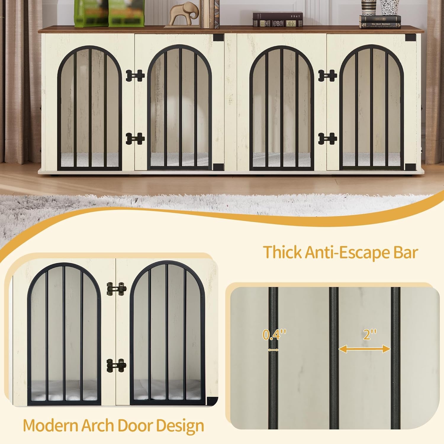 63" Dog Crate Furniture for 2 Dogs, Heavy Duty Indoor Dog Kennel TV Stand, L Wooden Dog Cage with Divider for Medium Large Dogs, End Table Dog Crate with Cushion, Rustic Brown DFC80901B