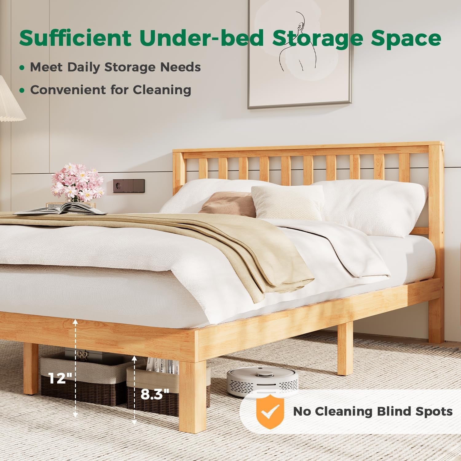 Queen Bed Frame with Headboard, Wood Platform Bed Frame, Farmhouse Style Bed Frame Queen Size with Slats Support, Malaysian Oak, No Box Spring Needed, Easy Assembly, Rustic Pine