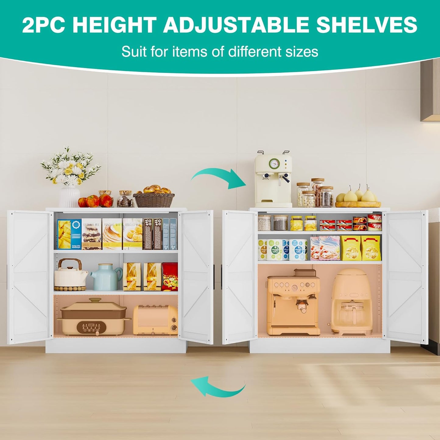 White Storage Cabinet with Doors and Adjustable Shelves,36" Farmhouse Food Pantry Cabinets,Small Sideboard Cabinet,Short Metal Storage Cabinets for Home Kitchen,Dining/Living/Laundry/Room