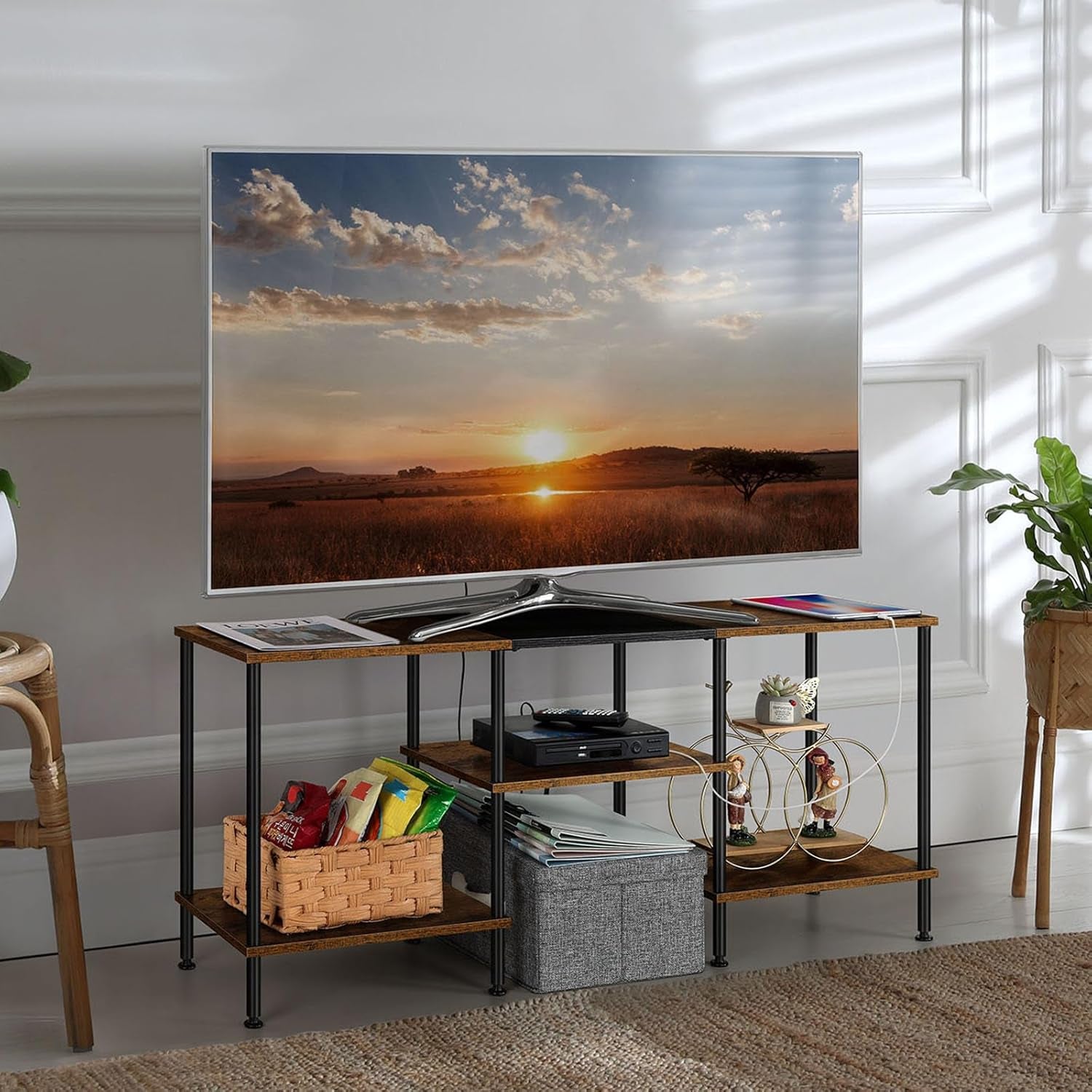 Small TV Stand for Living Room up to 50 Inch Farmhouse TV Media Entertainment Center with Power Outlets & Storage Shelf Rustic TV Console Table for Bedroom, Rustic Brown