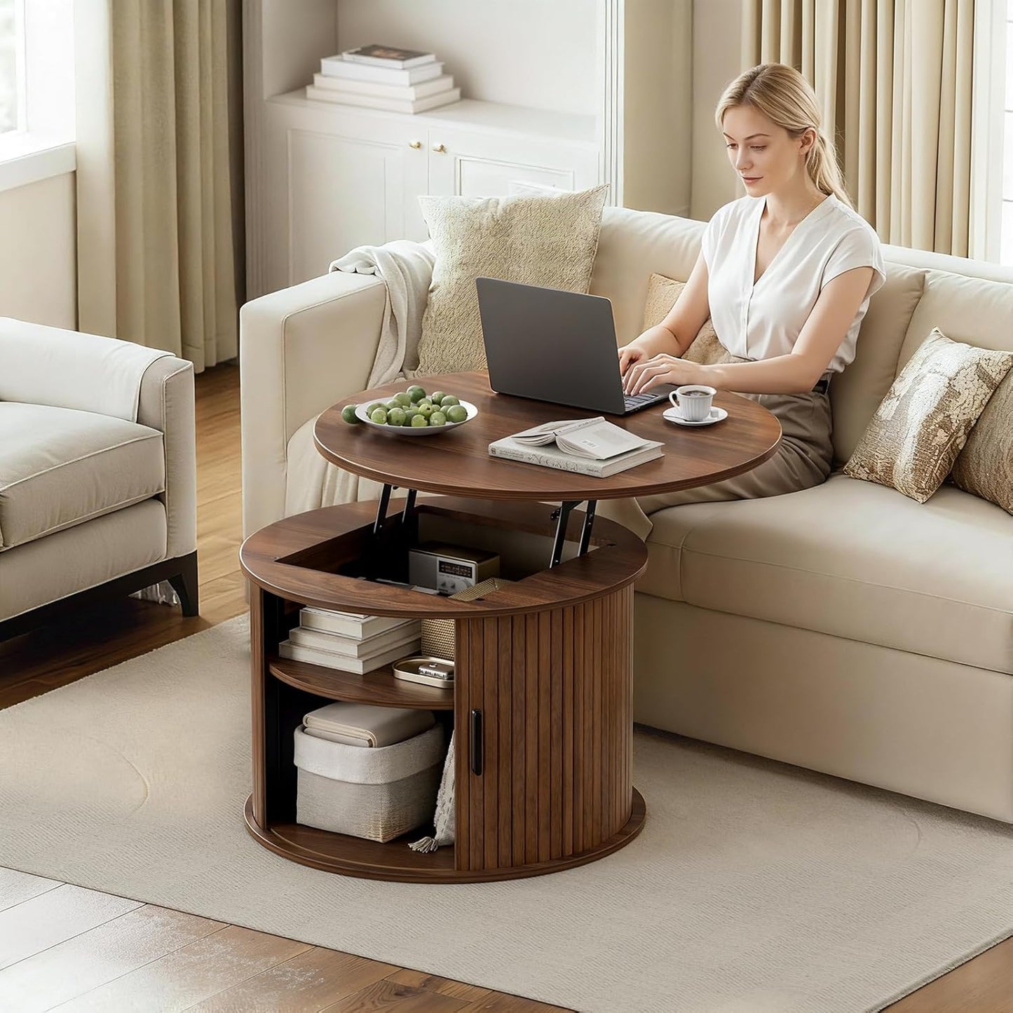 round Lift Top Coffee Table, Fluted Wood Accent Coffee Table with Hidden Storage and Open Shelves, Drum Table with Sliding Rolling Door, Small Center Table Dining Table for Living Room, Walnut