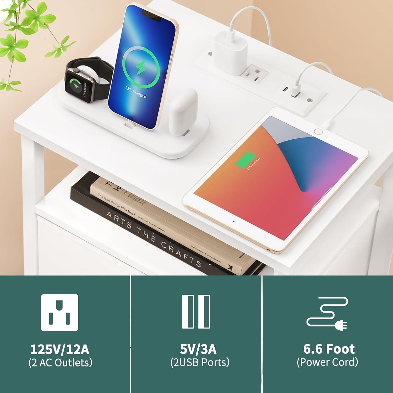 Night Stand with Charging Station, 16 Colors LED Nightstand with USB Ports and Outlets, End Table with 3 Fabric Drawers and Storage Shelf, Bedside Tables Small Dresser for Small Space White