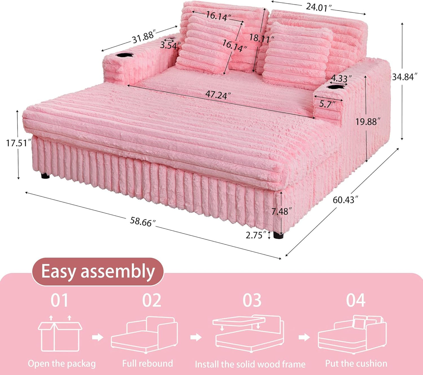 58'' Oversized Chaise Lounge Chair Indoor, Plush Faux Rabbit Fur Sleeper Sofa Bed with 4 Pillows, Charging Station & Cup Holders, Fluffy Comfy Cloud Couch Loveseat Sofa for Living Room,Pink