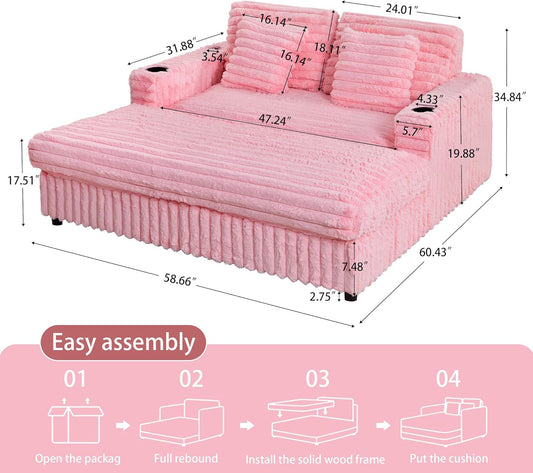 58'' Oversized Chaise Lounge Chair Indoor, Plush Faux Rabbit Fur Sleeper Sofa Bed with 4 Pillows, Charging Station & Cup Holders, Fluffy Comfy Cloud Couch Loveseat Sofa for Living Room,Pink