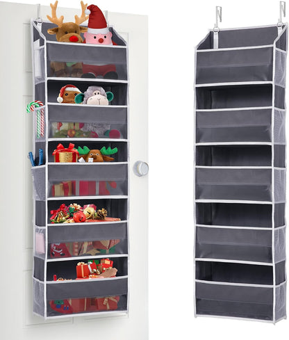 1 Pack over Door Organizer with 5 Large Pockets 10 Mesh Side Pockets, 44 Lbs Weight Capacity Hanging Storage Organizer with Clear Window Kids Toys, Shoes, Diapers, Dark Grey, 5 Layers