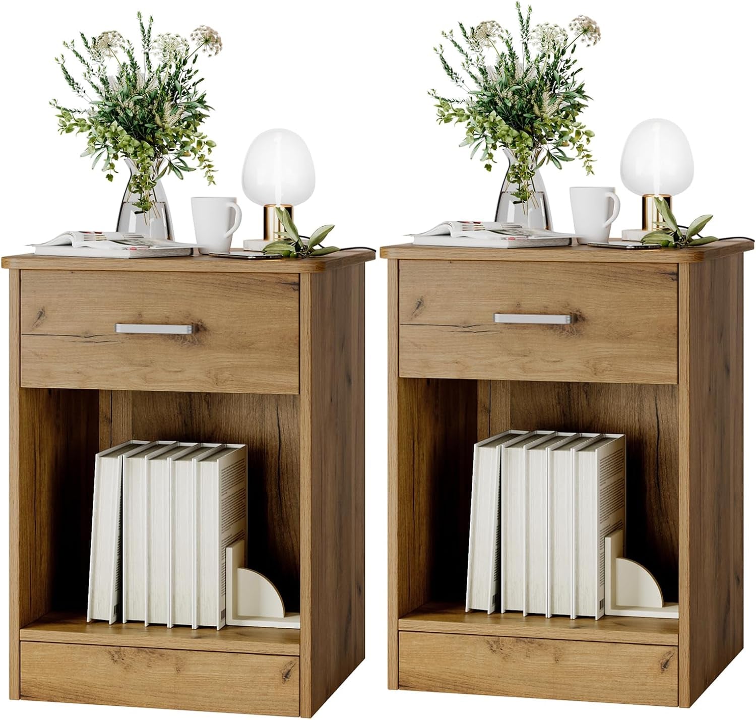 Nightstand Set of 2, 2-Tier Side Table with Drawer and Storage Shelf, Bedside Table End Table, Modern Night Stand for Bedroom, Home Office,Wooden Grain