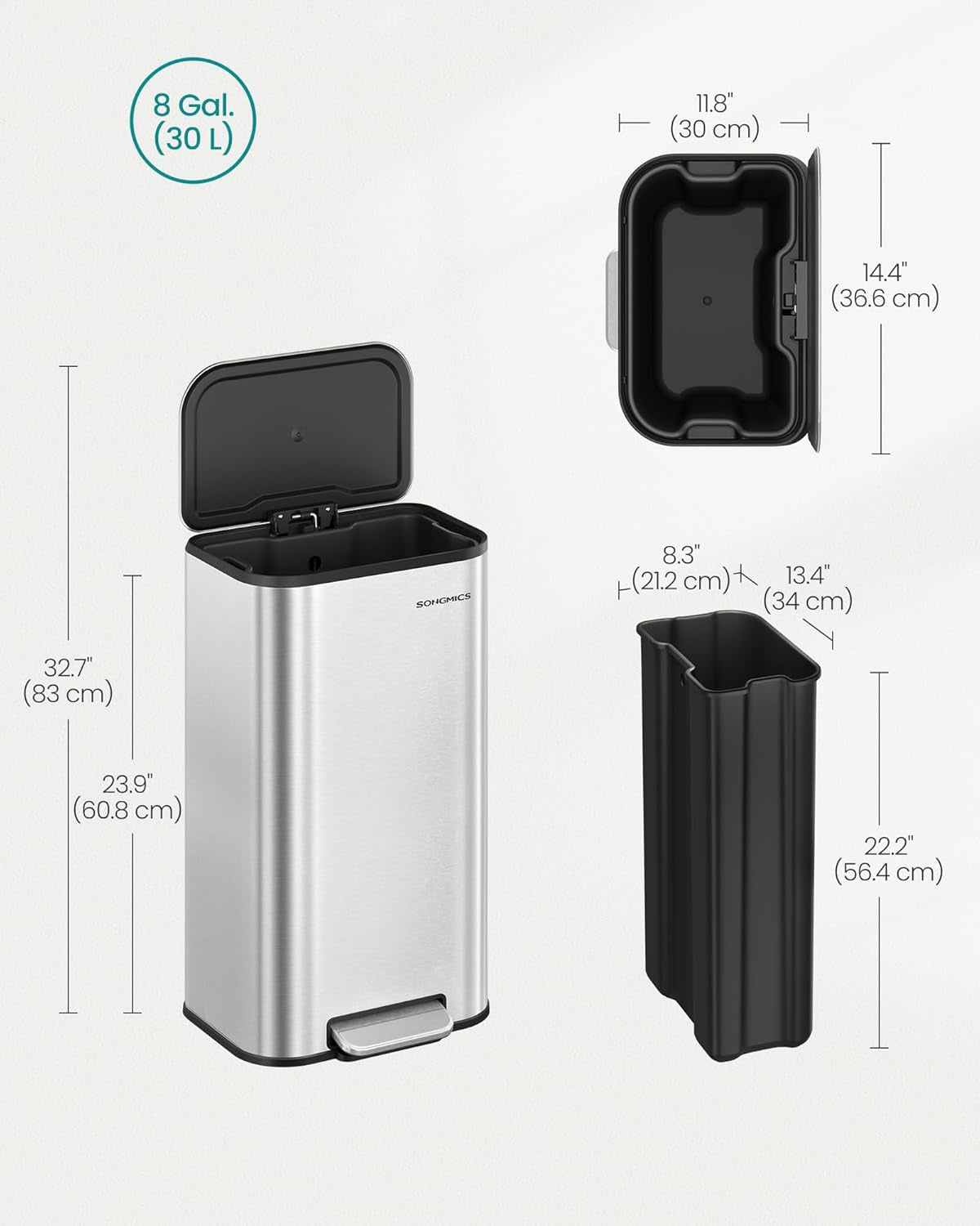 Kitchen Trash Can, 8-Gallon (30 L) Garbage Can with Lid, Stainless Steel, Soft Close and Stays Open, Inner Bucket, Wide Non-Slip Pedal, Metallic Silver ULTB546E01