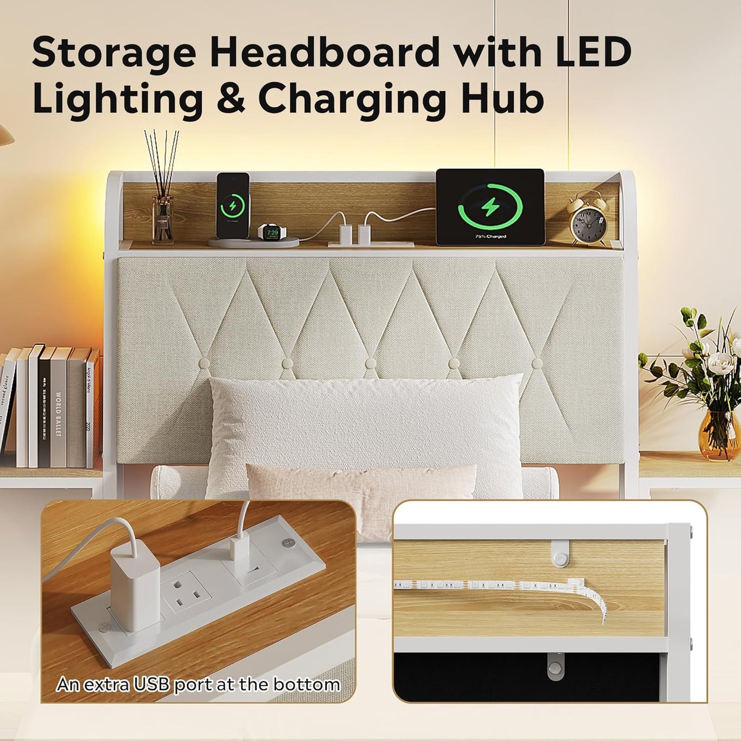 Twin Bed Frames with Headboard, Upholstered Bed Frame with 2 Storage Shelves, Platform Bed with LED Lights and Charging Station, 600LBS Mattress Foundation, No Box Spring Needed, Beige