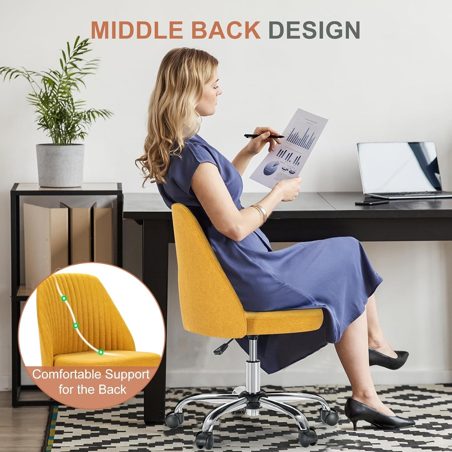 Office Desk Chair, Modern Cute Rolling Vanity Swivel Task Chairs with Wheels, Comfortable Back Seat Armless for Home, Bedrooms, Office, Study, Student, Adults, Make-Up, Dressing Room, Yellow