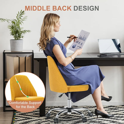 Office Desk Chair, Modern Cute Rolling Vanity Swivel Task Chairs with Wheels, Comfortable Back Seat Armless for Home, Bedrooms, Office, Study, Student, Adults, Make-Up, Dressing Room, Yellow