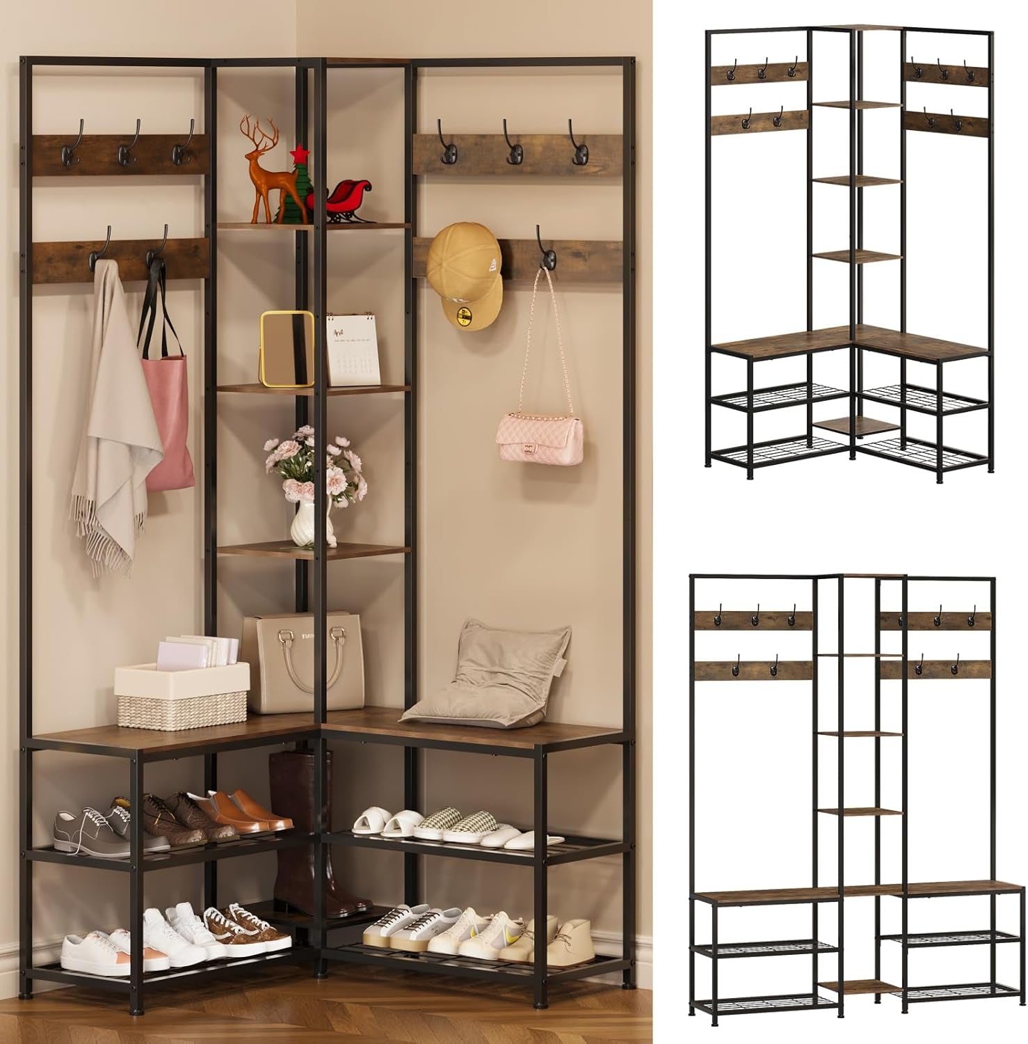 Corner Hall Tree with Shoe Rack Storage Bench Display Open Shelves Modern Industrial Entryway Coat Rack Stand for Home Living Room Mudroom Bedroom Multifunctional 5 in 1 (Rustic Brown)