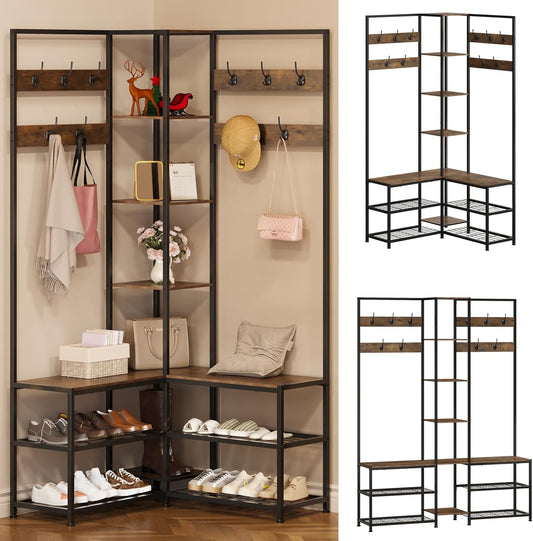 Corner Hall Tree with Shoe Rack Storage Bench Display Open Shelves Modern Industrial Entryway Coat Rack Stand for Home Living Room Mudroom Bedroom Multifunctional 5 in 1 (Rustic Brown)